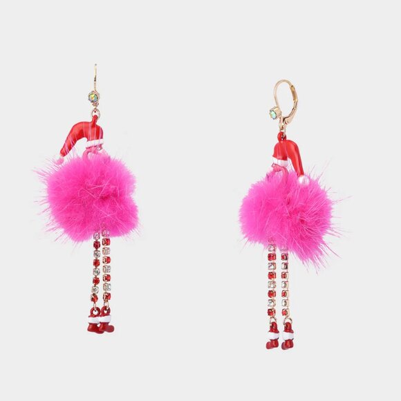 NWT $58 BETSEY JOHNSON Fluffy Flamingo Santa Hat Sparkly Drop Earrings Pink Red - Picture 1 of 3